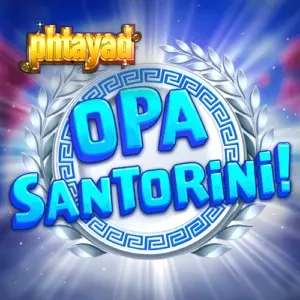 Pemandangan visual slot Opa Santorini dengan latar belakang bangunan khas Yunani